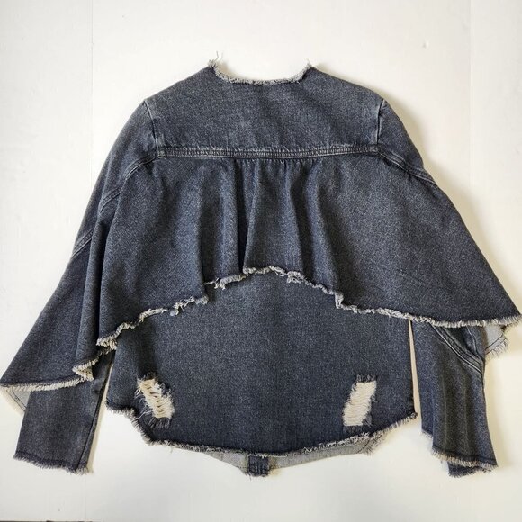 Robert Rodriguez Denim Shirt Jacket‎ Womens XS Black Ruffle Distressed Button Up - Picture 12 of 13